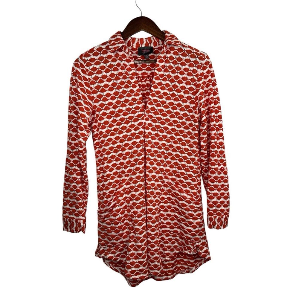 FOR CYNTHIA BEACHWEAR‎ TUNIC Shirt Beach COVER-UP Pockets Coral/white Size S
